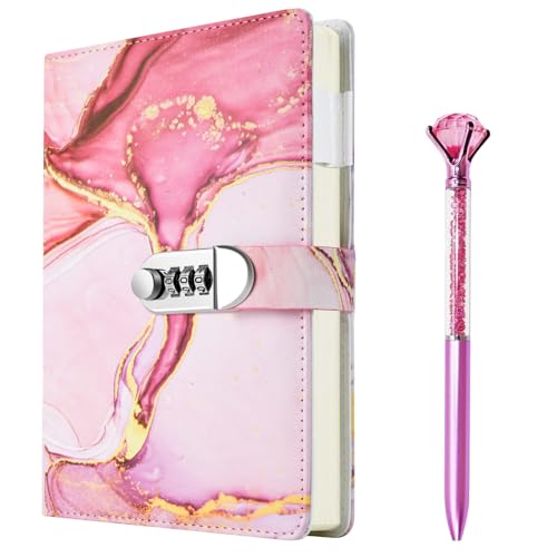 Diary with Lock A5 PU Leather Digital Notebook with Lock120 Sheets/240 Pages Password Locked Travel Notebooks with Pen A5 Fashion Password Book with LockDiary Personal Notebookfor Birthday Gifts - P