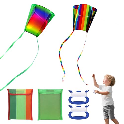 TranRantic 2 Stück Taschendrachen, Regenbogen Drachen für Jungen Mädchen mit Langen Schwänzen, Tragbar Lenkdrachen für Anfänger, Einfacher Drachen für Strandspiel Outdoor Geschenk