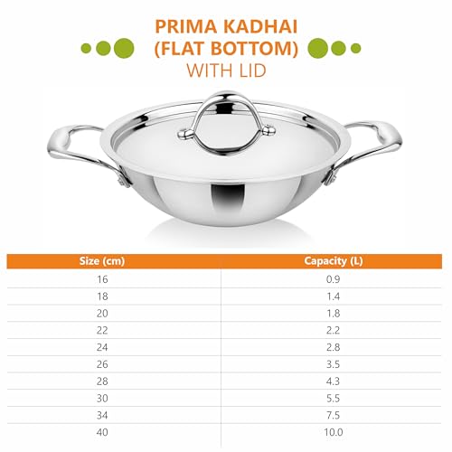 Image of Prabha Prima Kadhai Flat Bottom with Lid, Stainless Steel, Kitchen Kadhai, 18cm, 1.4L, Induction & Non Induction Base, 60 Months Warranty