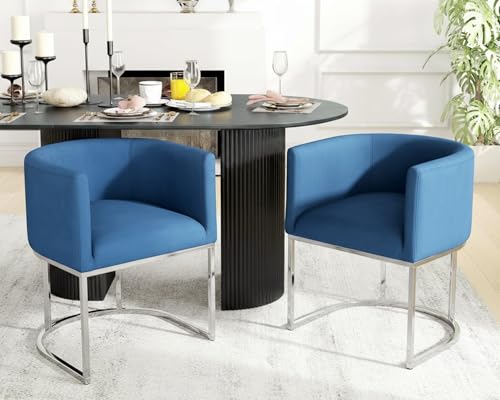 Image of HNY Mid Century Modern Upholstered Barrel Dining Chairs with Arms Set of 2, Velvet Kitchen & Dining Room Chairs, 18.5 inch Wide Accent Chairs for Dining Room Living Room with Chrome Metal Frame, Blue