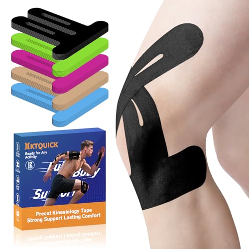 PreCut Kinesiology Tape for Knees, 12 PCS Waterproof KTQUICK Knee Tape for Knee Pain Relief Pre Cut, Original Cotton Athletic Knee Tape, Waterproof & Hypoallergenic Latex-Free for Sports (Black)