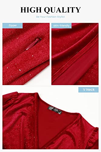 Prettygarden Women's Ruched Bodycon Velvet Dress Long Sleeve Wrap V Neck Side Asymmetrical Sexy Party Dress (Red, Large) #TOP5