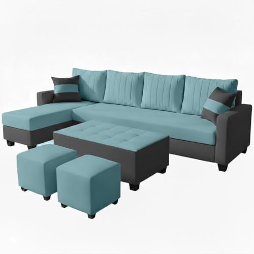 Image of FURNY Avenue 8 Seater Fabric LHS L Shape Sofa Set with 1 Centre Table & 2 Puffy (Sky Blue-Dark Grey) Premium Velvet Finish
