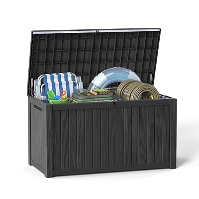 GYMHILL 200 Gallon Outdoor Storage Deck Box Waterproof Resin Lockable Outside Bench Porch Patio Furniture Pool Float Garden Tool Cushion UV Resistant Bin Black