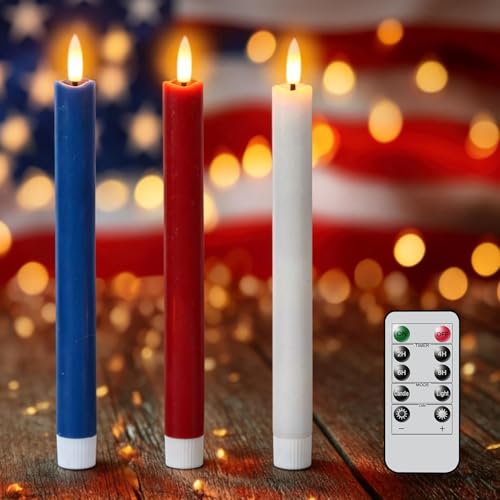 Image of Wondise Patriotic Candles Flameless Taper Candles with Remote & Timer, Red White and Blue Candles Battery Operated 3D Wick Real Wax LED Flag Candles for Independence Day Decoration