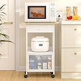 3IngSeagulls 4 Tier Kitchen Island with Cabinet, Microwave Cart with Storage, Small Rolling Kitchen Cart with Drawer, Coffee Bar Station on Wheels for Living Room, White