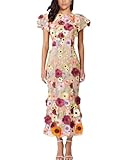 Women's 3D Floral Embroidery Dress Ruffle Sleeve Fishtail Lace Bodycon Party Cocktail Mini Dress (US, Alpha, X-Large, Regular, Regular, Apricot)