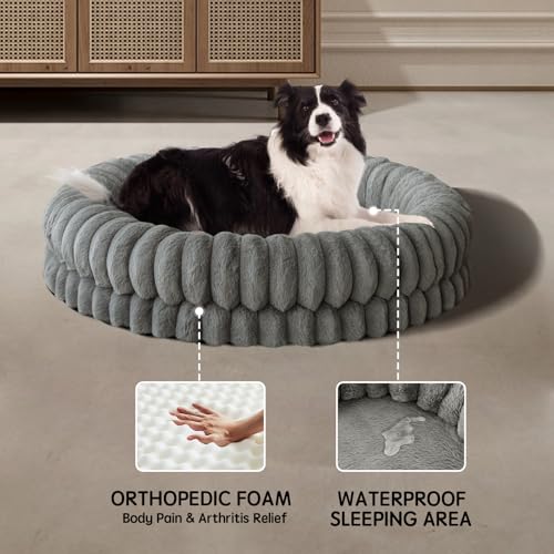 Image of BALANCE Luxury Donut Dog Bed, 36 Inches Round Dog Beds Large Sized Dogs Washable, Orthopedic Calming Dogs Bed for Pets with Anti-Slip Bottom, Gray
