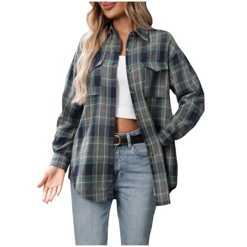 Womens Plaid Flannel Shacket Button Down Long Sleeve Casual Jackets Coats Fall Plus Size Baggy Fashion Shirts 2025