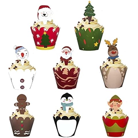FAHIYAKU Christmas Cupcake Toppers and Wrappers - 48PCS Wrapper Topper for Christmas Decorations Kids Birthday Party Themed Party (Wrapper x 24, Toppers x 24) Cover