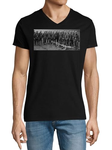 T-shirt col en V coton homme noir motif militaire soldats Seconde Guerre