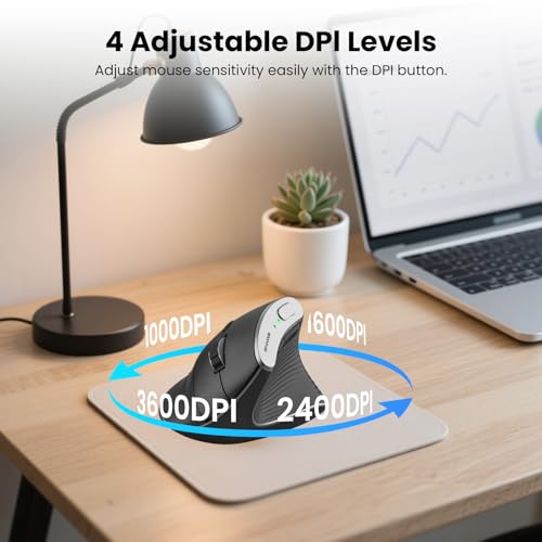 Bnnwa Wireless Vertical Ergonomic Optical Mouse 2.4G Bluetooth Wireless Vertical Mouse 4 Adjustable 1000/1600 / 2400/3200 DPI Wireless Mouse Compatible with Windows, Mac OS, Laptop, PC- Black — view 5