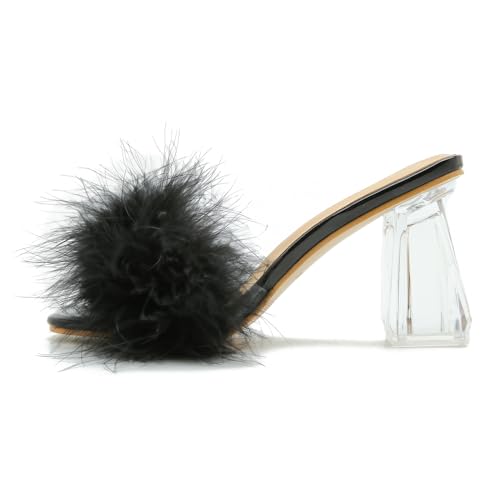 Women's Square Toe Feathers High Heels Sandals Block Chunky Heeled Fuzzy Fluffy Slip on Mule Wedding Bride Party Dress Shoes