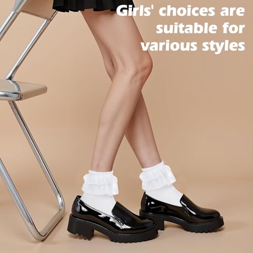 3 Pairs Ladies Lace Ankle Socks White Ruffle Socks Woman Cute Design Lace Ankle Sock Princess Soft Cotton Double Layer Laces Trim Lolita Sock for Women4