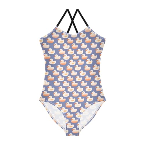 senya Girls Swimsuits One-Piece Swimwear Tie Bathing Suit Beach Summer Round Neck 5-6T Cartoon Duck Purple Background Pattern