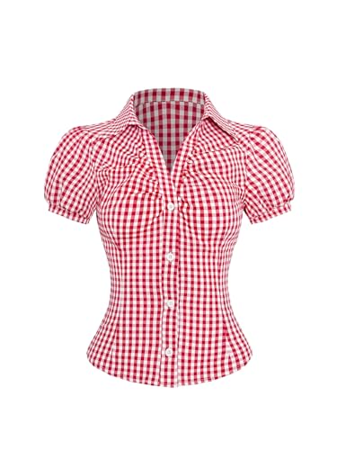 SweatyRocks Women's Y2K Short Puff Sleeve Button Down Fitted Gingham Plaid Crop Top Blouse