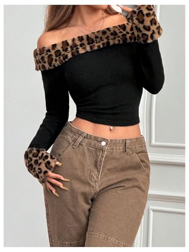 Floerns Women's Leopard Print Plush Off Shoulder Crop Sweater Long Sleeve Y2K Pullover Top3