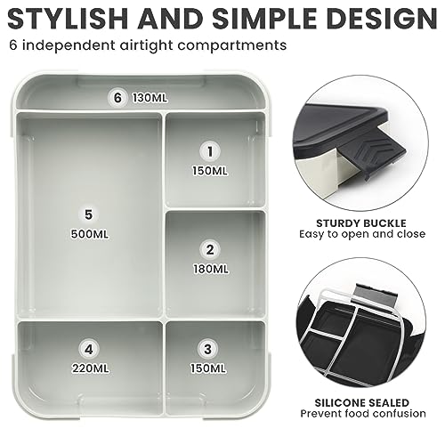 Bugucat Bento Lunch Box 1330ML,kids Lunch Box Bento Boxes with 6 Compartments Cutlery,Leak Proof Lunchbox Snack Boxes for Kids Adult,Kids Lunch Box with Compartments for School Kindergarten Black