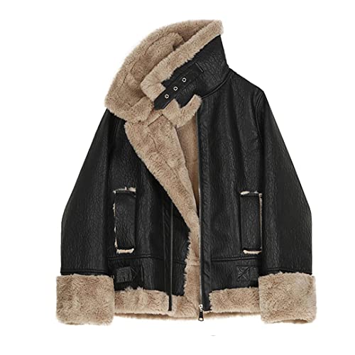 Abrigo de piel sintética de moda para mujer, cuello de piel, chaqueta de cuero cálida de felpa gruesa ropa de abrigo de invierno para mujer, chaquetones abrigos de lana con cremallera