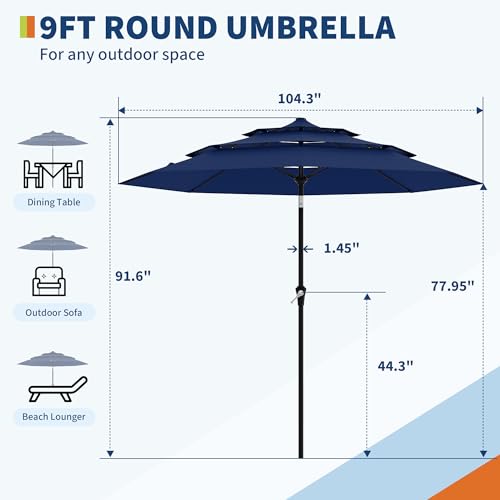 9Ft 3 Tiers Market Umbrella Outdoor, 3 Tiers Heavy Duty Patio Umbrella 8 Ribs, Outdoor Market Table Umbrellas with Ventilation and Hand Crank