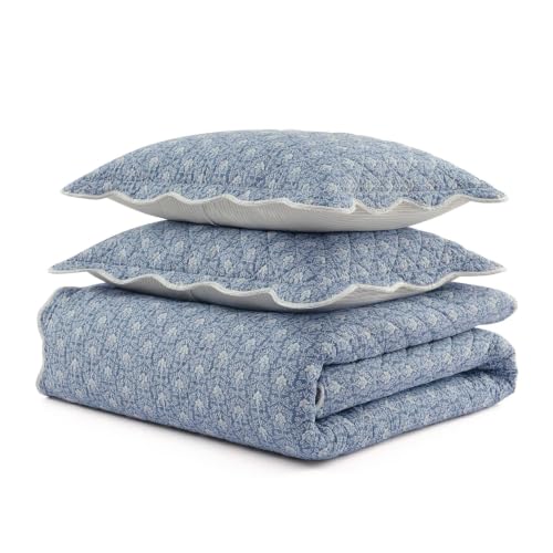 Image of Martha Stewart - King Cotton Percale Quilt with Shams, Reversible Floral | 100% Cotton Percale, 80 /20 Cotton Blend Fill, Breathable, Reversible Damask Design, Includes 2 Shams, Machine Washable