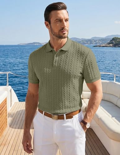 Image of JMIERR Men's Casual Polo Shirt Knitted Textured Short Sleeve Stretch Golf Shirt Summer Vacation Beach Collared Shirts
