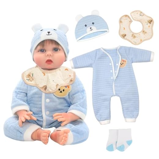 Baby Doll Clothes for 18-22 Inch Reborn Doll, Cute Blue Bear Doll Outfits with Romper Suit Bib Hat Socks for 50-55cm Dolls Girls Birthday Gift