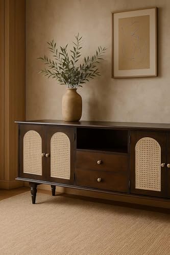 Image of Premium Solid Wood, 10 Minutes Assembly (Legs Only), Aesthetic Rattan Doors, Mid Century Entertainment Center for Living Room, TV Stand for 65 inch TV, Dark Chocolate (Walnut TK-25)