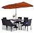 Patio Outdoor Table and Chairs Set with Umbrella Orange Red, Patio Dining Sets for 6, 7 Pieces Patio Table Set Clearance for Backyard Deck Porch Outside, Metal Table with Hole & Rattan Chairs