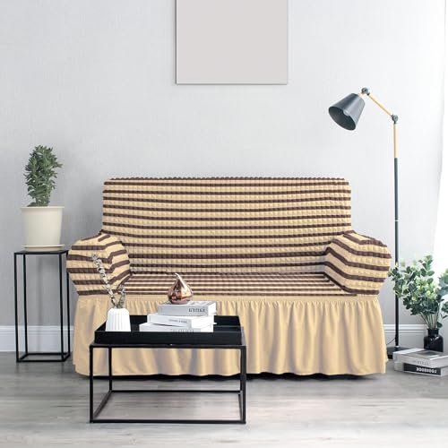 Image of Cortina Elastic Stretchable Universal Sofa Cover with Skirt, Three Seater, Cream /Brown
