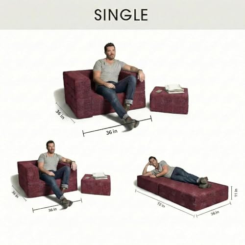 Image of C-Type Sofa Bed 3x6 Ft with Pouffe - Jute Fabric Convertible Floor Sofa Cum Bed with Wide Arm Support for Living Room & Guest Room, Office - Red Color