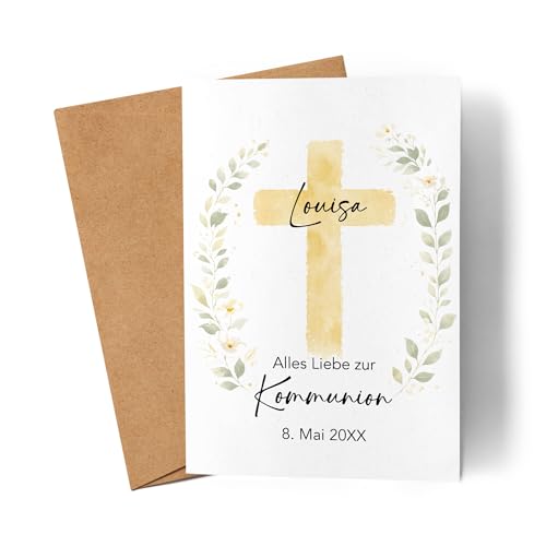 Personalisierte Kommunionskarte mit Name Karte zur Kommunion mit Kreuz Design als Faltkarte für Mädchen Jungen - Glückwunschkarte & Geldgeschenk