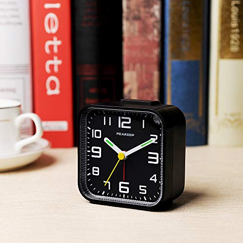 Image of Peakeep 3D Numbers No Tick-Tock Analog Alarm Clock Classic Beep Sound | Snooze, Manual Light and Battery Powered Small for Travel (Black-3D)