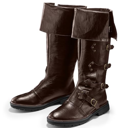 Image of Jiuguva Medieval Pirate Boots for Men Women Renaissance Boots | Faux Leather Viking Boots High Tube Steampunk Cosplay Shoes for Halloween Party, Role Play, Costume Accessories