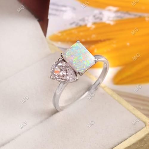 9x7mm Opal & Diamond Ring, Emerald Cut, Two Stone Engagement Ring, 925 Sterling Silver Anniversary Promise Ring Wedding Jewelry Gift for Her3