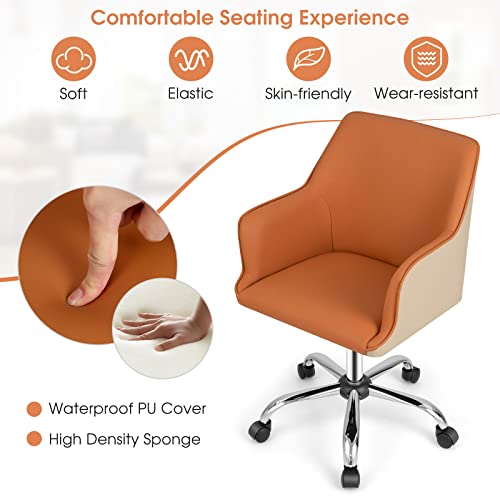 Giantex Home Office Desk Chair, Upholstered Pu Leather Task Chair W/Arms & Adjustable Height, Mid-Back Swivel Rolling Desk Chair For Bedroom Study Office, Orange & Beige #TOP3