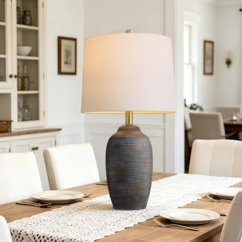 Image of 24.5 inch Ceramic Black Lamp for Living Room with Pre-Attached Shade | Single Rustic Bedside Lamps, Hand-Textured Farmhouse Vintage Table Lamps for Bedroom Nightstands, Side End Table Home Decor