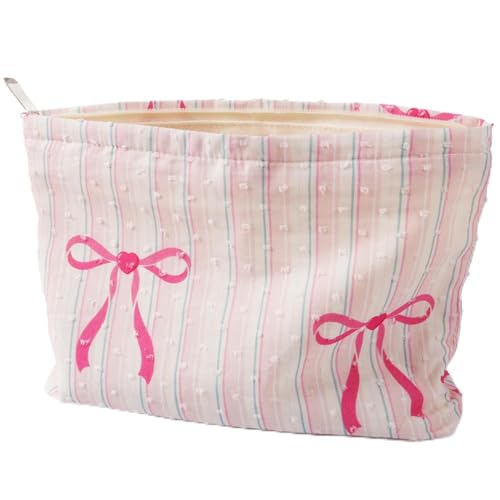 KESTAR Large Makeup Bag for Purse, Pink Stripe Bow Cosmetic Bag for Women Girls, Cute Pink Bowknot Canvas Travel Toiletry Bag Organizer, Aesthetic Coquette Makeup Pouch Cosmetic Pouch with Zipper