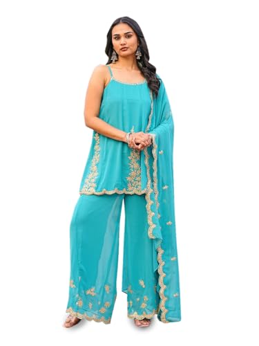 Kurta brodé haut de gamme en vert mer avec pantalon assorti