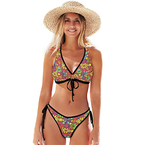 Ensemble bikini à nouer résistant au chlore avec culotte imprimé blanc noir