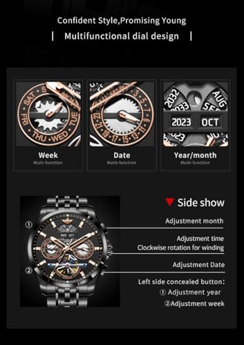 Image of OUPINKE Men Watch Automatic 5 Hands Multi Calendar Year /Month /Week /Date Mechanical 5ATM Waterproof Luxury Tungsten Steel Sapphire Crystal Wrist Watch for Men