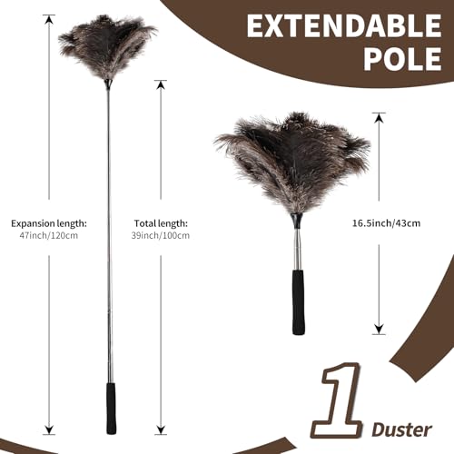 Image of Ostrich Feather Duster 16.5-47Inch Reusable Fluffy Natural Detachable Ostrich Feather Duster Used for Household Cleaning and High-Altitude Cleaning (1PCS)