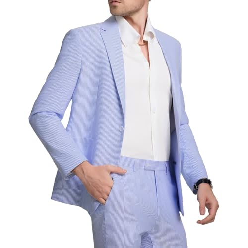 Men Seersucker Suits 2 Piece Striped Blazer Pants Mens Lightweight Summer Beach Party Outfit Wedding Tuxedo