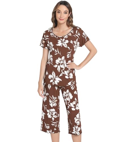 Image of NACHILA Women's Bamboo Viscose Pajama Sets Summer Cooling Short Sleeve Capri Soft Pjs Night Sweats Moisture Wicking Sleepwear