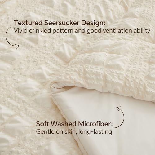 Image of BEDELITE King Size Comforter Set, Seersucker Bedding Set 3 Pieces, Cream | All Season Use, Machine Washable, Soft and Lightweight, Ruched Comforter for Bedroom, Wrinkle-Resistant, Cozy and Stylish