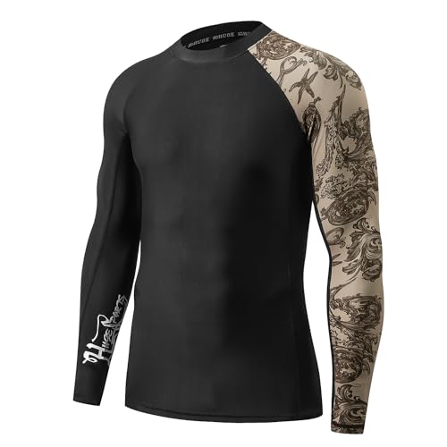 HUGE SPORTS Men's Splice UV Sun Protection UPF 50+ Skins Rash Guard Long Sleeves(Sea Forest, S)