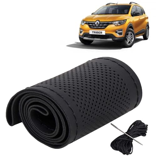 Image of KINGSWAY PU Leatherite Car Steering Cover Sewable Compatible with Renault Triber (Year 2019 Onwards), Black Color with Black Thread, Pack of 1 with Sewing Needle and Thread
