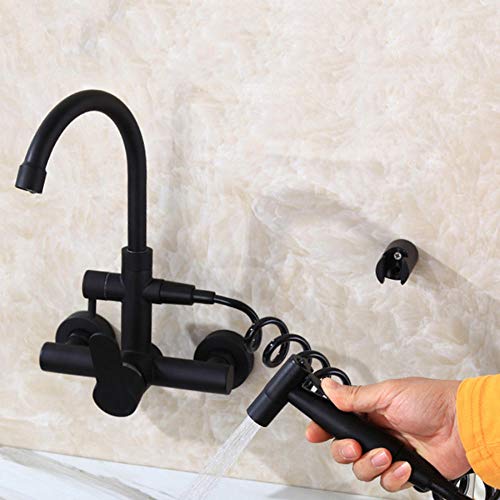 Robinetterie murale évier cuisine avec pistolet pulvérisateur double trou eau chaude - 4