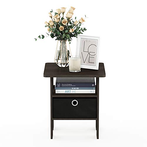 Image of Furinno End Table Bedroom Night Stand w /Bin Drawer, Dark Brown /Black