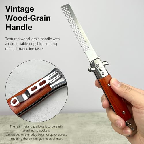 Peine plegable automático de acero inoxidable y madera miniatura 6